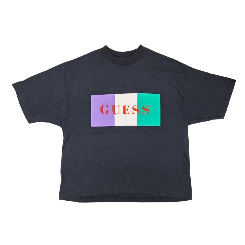 Vintage Guess Georges Marciano Embroidered Logo Crop T-Shirt Black Colorblock - Picture 1 of 7
